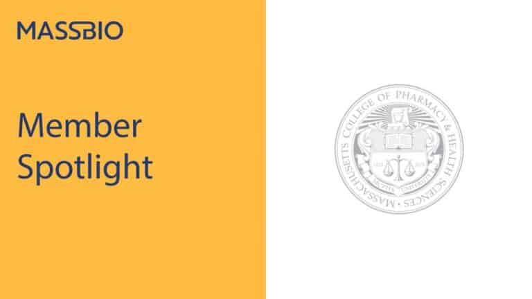 A yellow and white graphic with the words Member Spotlight and the seal of MCPHS.